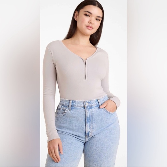 nuuds Tops - nuuds Women’s Hook & Eye Long Sleeve Bodysuit in Stone Grey Size Large